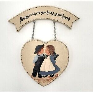 Vintage Hand Painted Wood Wall Hanging Folk Art Kissing Couple Heart Country